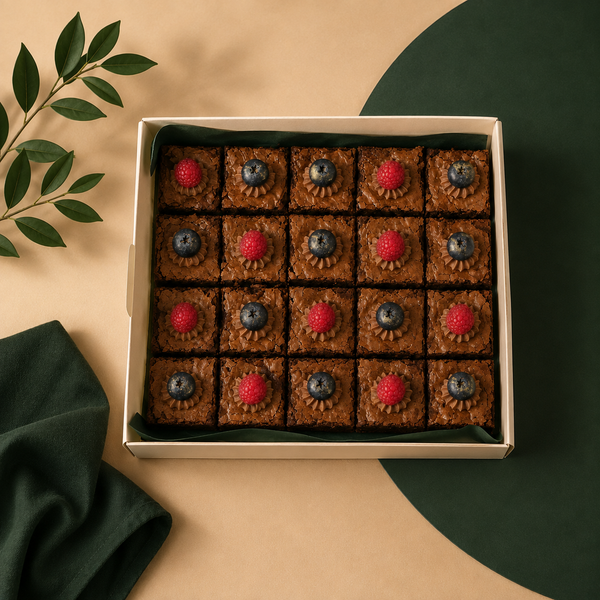 A top-down view of a square box of chocolate brownies, each topped with a piped flower-like swirl of frosting and a red raspberry or blueberry in the center. The box is placed on a beige surface with a dark green circular shape, a folded dark green napkin, and a leafy branch in the corners.